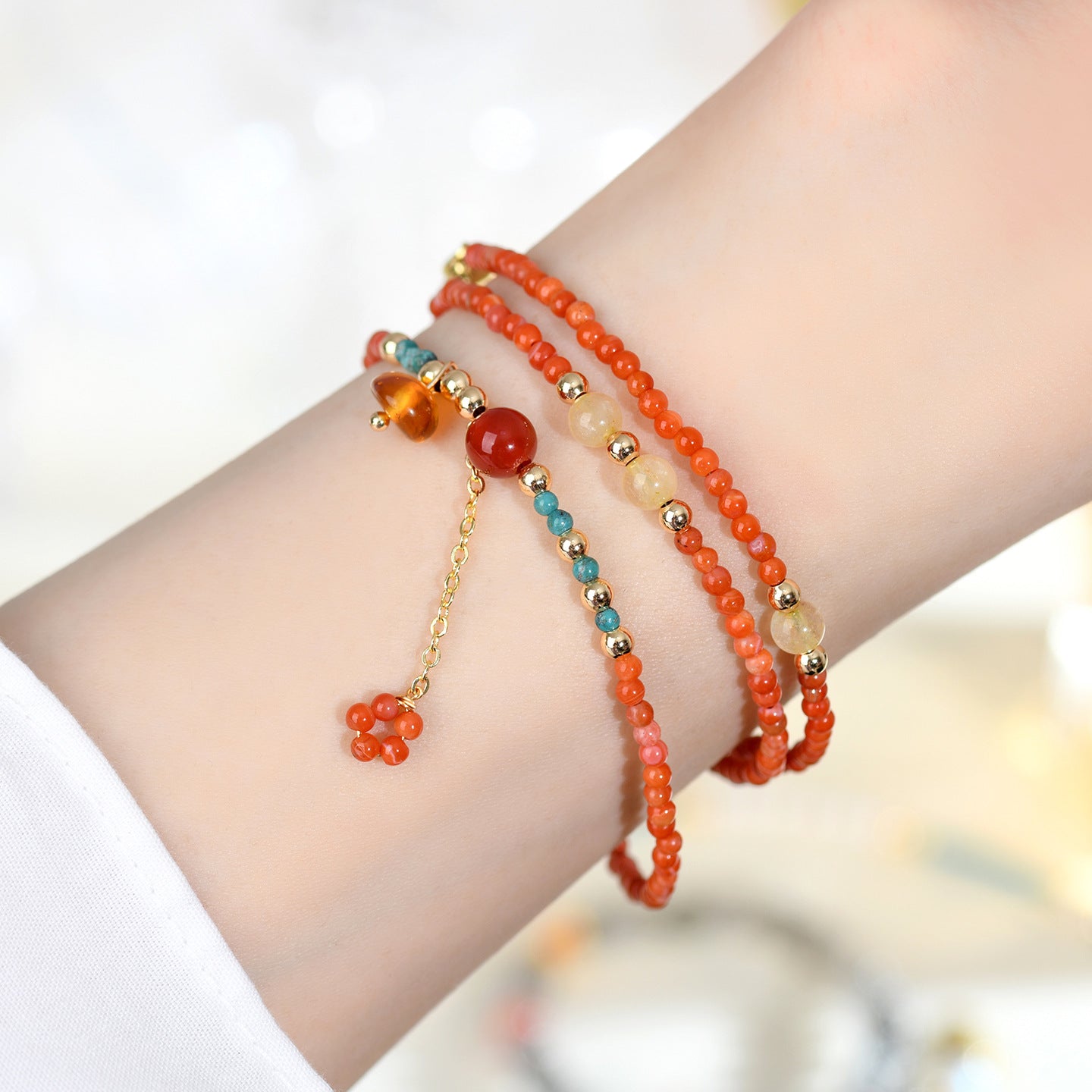 Natural Southern Red Agate & Yellow Rutilated Quartz Multi-Circle Bracelet - Elegant Women's Collarbone Necklace