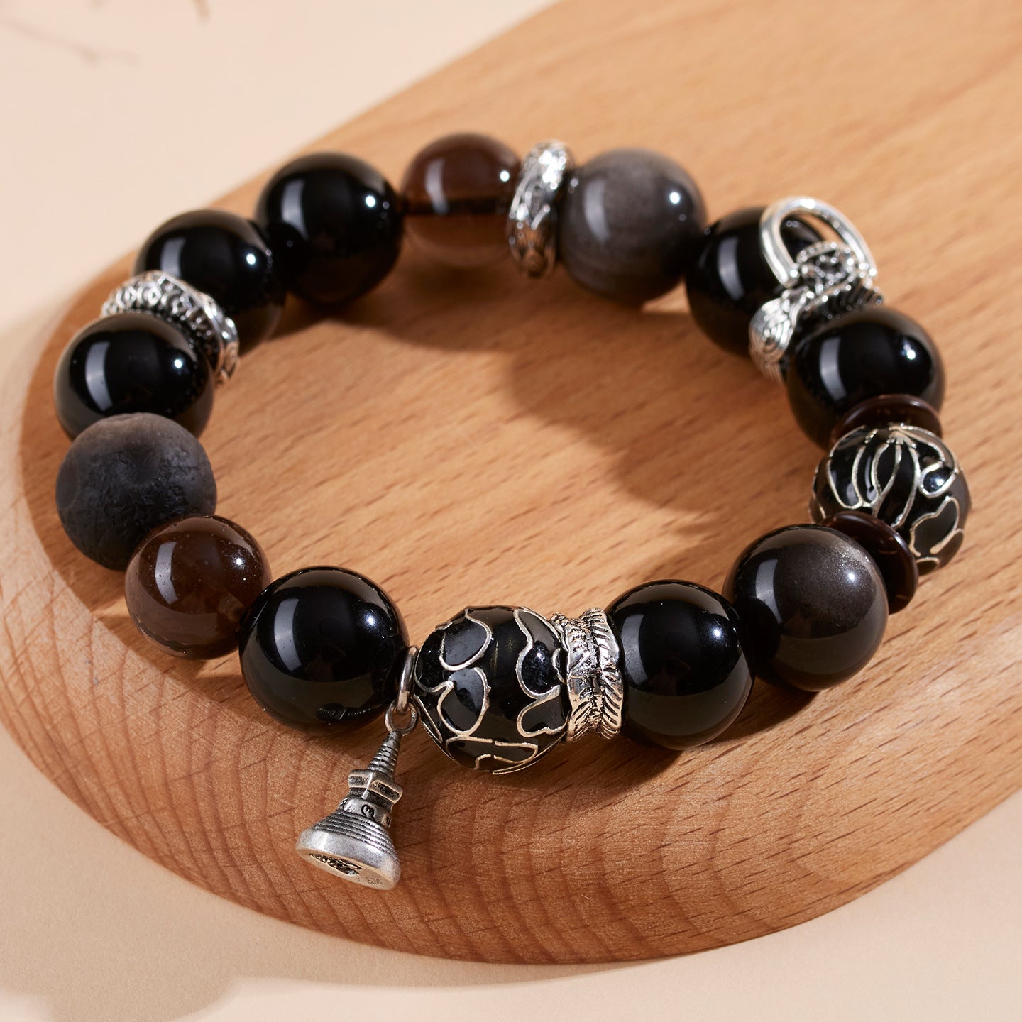 Natural Silver Obsidian Cloisonné Enamel Large Bead Bracelet for Men - Protection & Fortune
