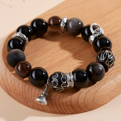 Natural Silver Obsidian Cloisonné Enamel Large Bead Bracelet for Men - Protection & Fortune