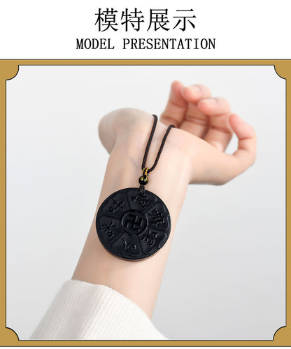 Natural Obsidian Six-Word Mantra Pendant with Swastika - Lucky Protection Amulet Necklace