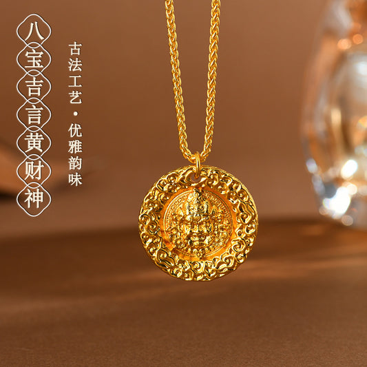 Golden Eight Treasures God of Wealth Pendant Necklace | Tibetan Retro Collarbone Chain for Prosperity