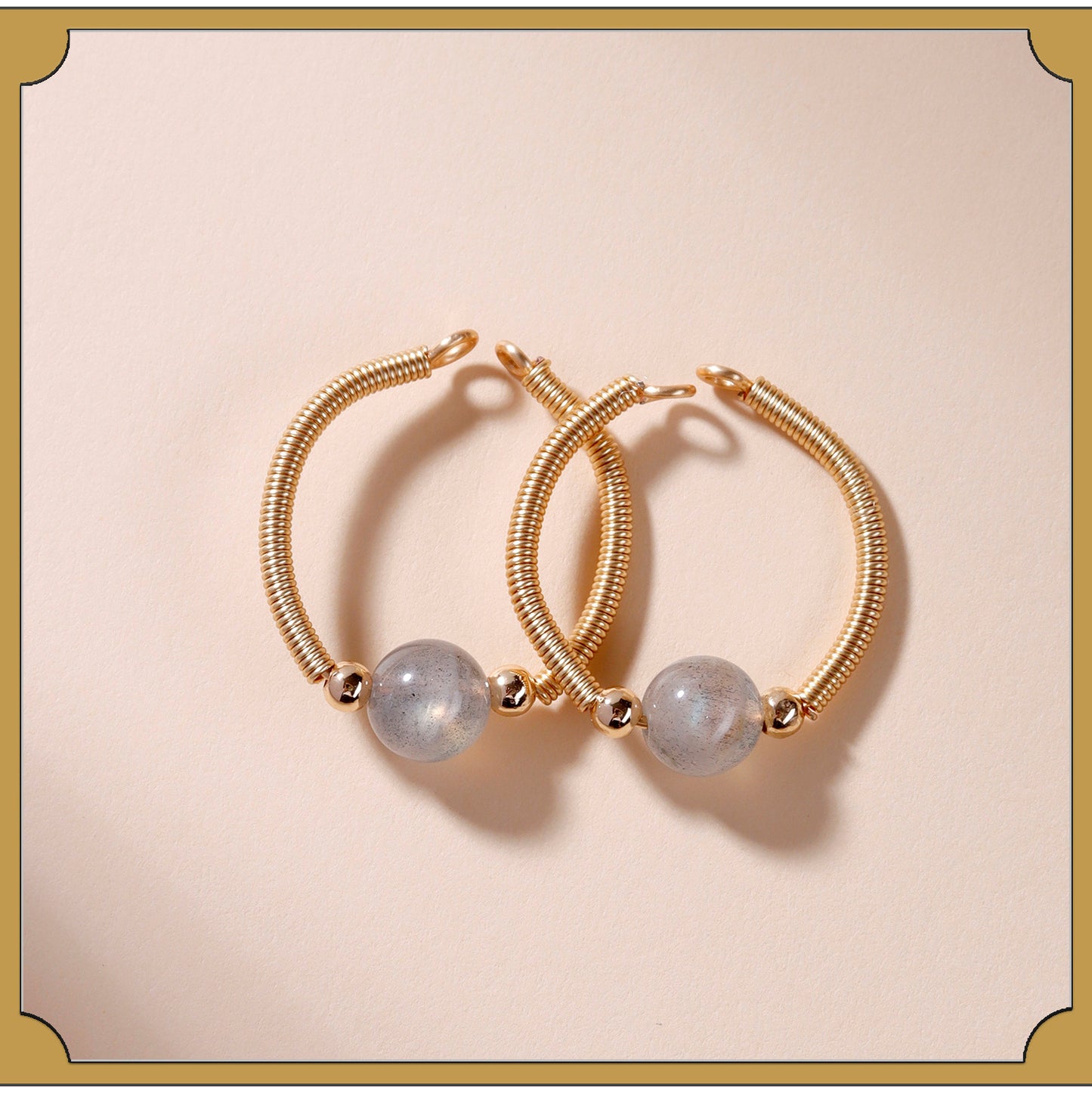 Handmade Crystal Agate Ring with Yellow Rutilated Quartz and Moonstone - Open Wire Wrapped Design for Wealth and Protection