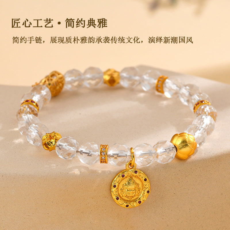 Faceted White Crystal Wealth God Lotus Bracelet - Golden Prosperity & Spiritual Protection