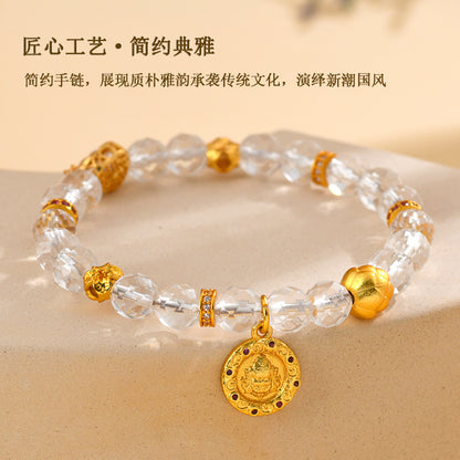 Faceted White Crystal Wealth God Lotus Bracelet - Golden Prosperity & Spiritual Protection
