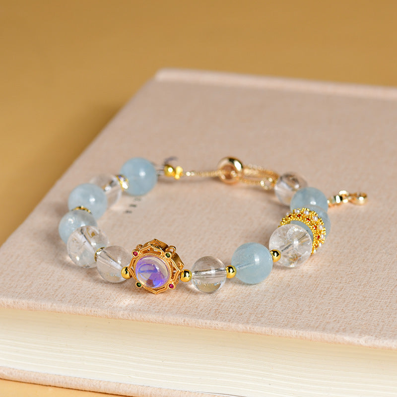 Aquarius Zodiac Crystal Bracelet | Natural White Crystal & Aquamarine Beads for Cosmic Energy