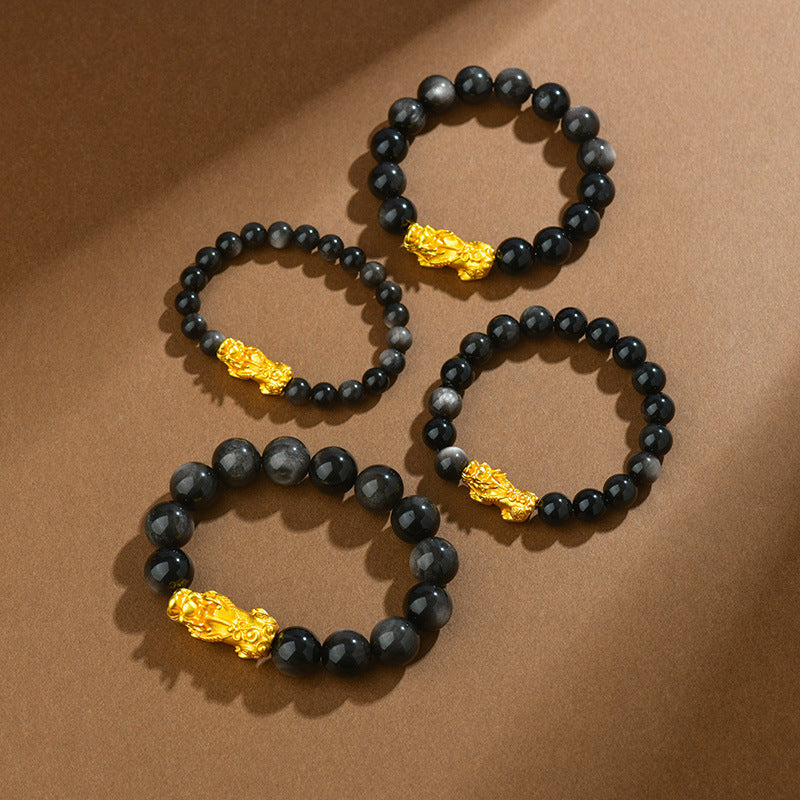 Natural Obsidian Gold Pixiu Bracelet | Wealth Attraction & Protection Amulet