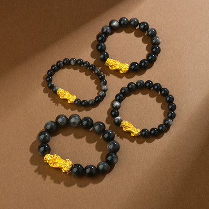Natural Obsidian Gold Pixiu Bracelet | Wealth Attraction & Protection Amulet