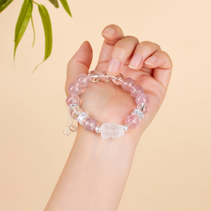 Natural Pink White Crystal LABUBU Bracelet - Peach Aura Love Energy Women's Fashion Jewelry