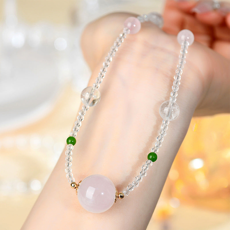 Natural White & Pink Crystal Round Bead Pendant Necklace | Spiritual Elegance & Protection
