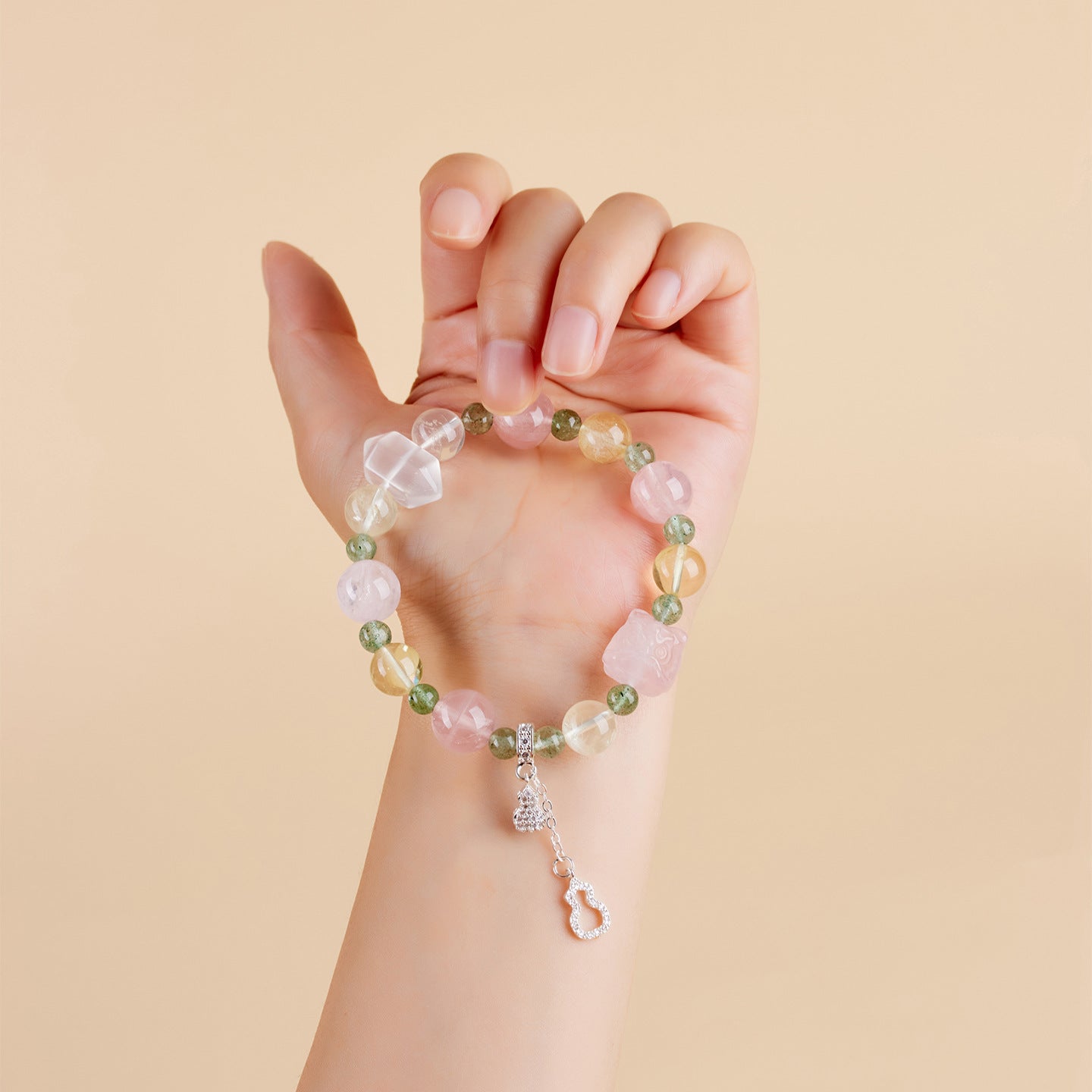 Natural Yellow Crystal Horse & Pink Crystal Gourd Tassel Bracelet | Chinese Style Women's Lucky Charm
