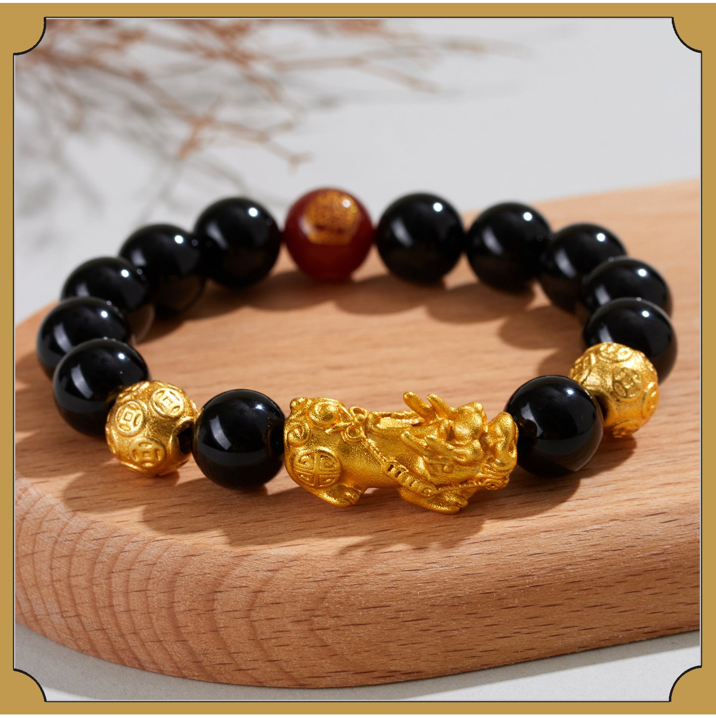 Natural Obsidian Gold Pixiu Zodiac Buddha Bracelet for Wealth Protection and Spiritual Harmony