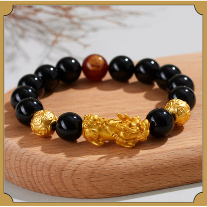 Natural Obsidian Gold Pixiu Zodiac Buddha Bracelet for Wealth Protection and Spiritual Harmony