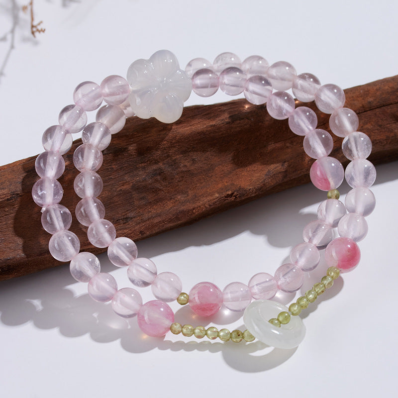 Ice Pink Crystal Peridot Rose Quartz Double Circle Love Bracelet for Women