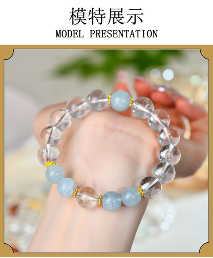 Natural Crystal Energy Bracelet with White Crystal, Obsidian, Strawberry Quartz, and Aquamarine | Spiritual Harmony & Protection