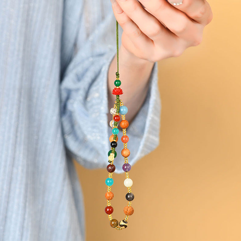 Multi-Treasure Crystal Agate Sandalwood Bodhi Phone Chain with S925 Silver Gourd Pendant