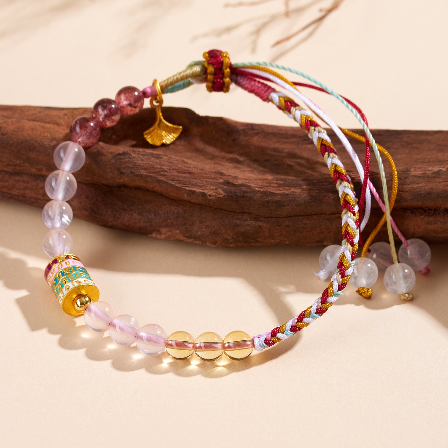 Natural Pink Yellow Strawberry Crystal Woven Bracelet | Harmony Energy & Good Fortune Charm