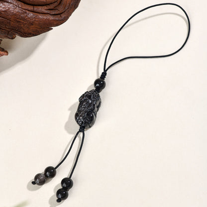 Natural Silver Obsidian Pixiu Phone Chain - Handmade Wealth Attraction Pendant
