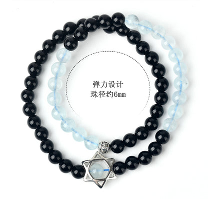 Natural Obsidian Aquamarine Double Circle Hexagram Bracelet - Spiritual Protection & Harmony