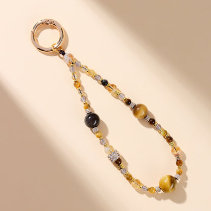 Natural Crystal Tower Keychain with Tiger Eye and Gray Agate - Wealth Protection and Good Luck Charm