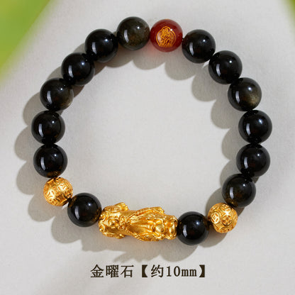 Natural Obsidian Gold Pixiu Zodiac Buddha Bracelet for Wealth Protection and Spiritual Harmony