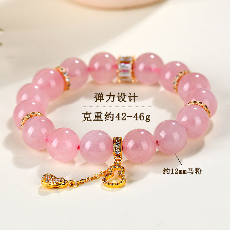 Natural Hibiscus Pink Crystal Beaded Bracelet | Large Round Beads Spiritual Jewelry for Women