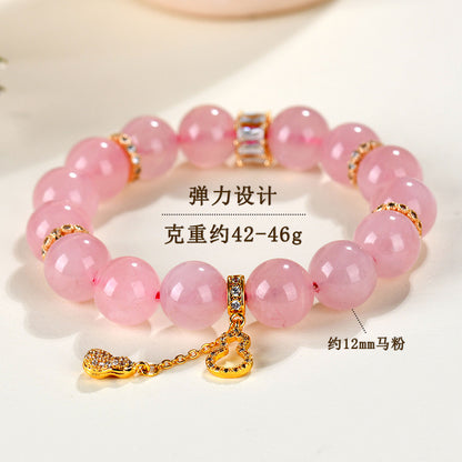 Natural Hibiscus Pink Crystal Beaded Bracelet | Large Round Beads Spiritual Jewelry for Women