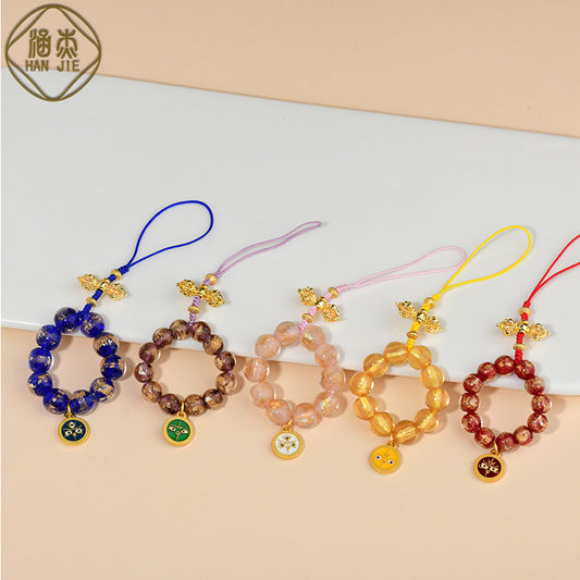 Gold Foil Incense Ash Glaze Five-Way God of Wealth Prayer Beads Phone Pendant