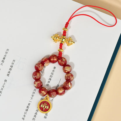 Gold Foil Incense Ash Glaze Five-Way God of Wealth Prayer Beads Phone Pendant