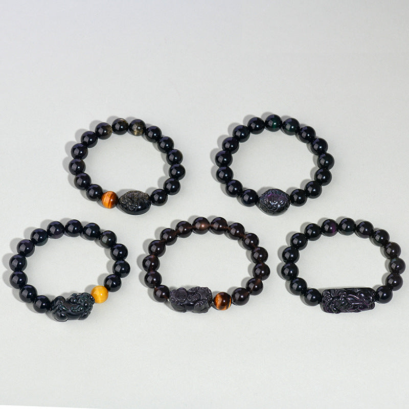 Natural Rainbow Eye Obsidian Pixiu Bracelet - Wealth and Protection Talisman for Couples