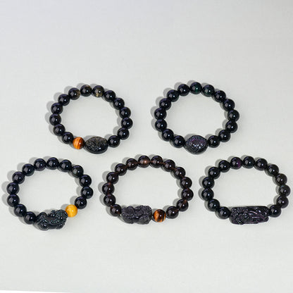 Natural Rainbow Eye Obsidian Pixiu Bracelet - Wealth and Protection Talisman for Couples