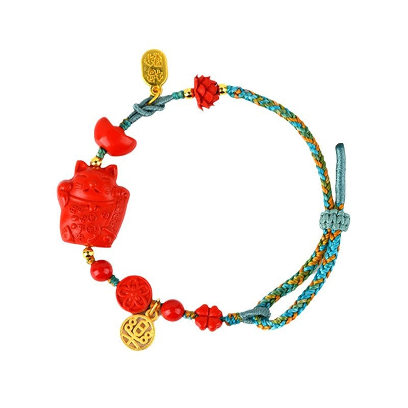 Natural Imperial Red Cinnabar Lucky Cat Adjustable Braided Bracelet for Good Fortune