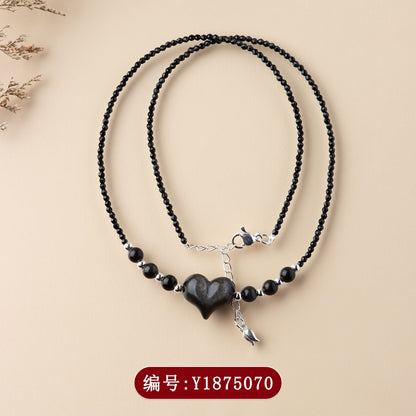 Natural Silver Obsidian Heart Necklace | Adjustable Collarbone Chain for Women