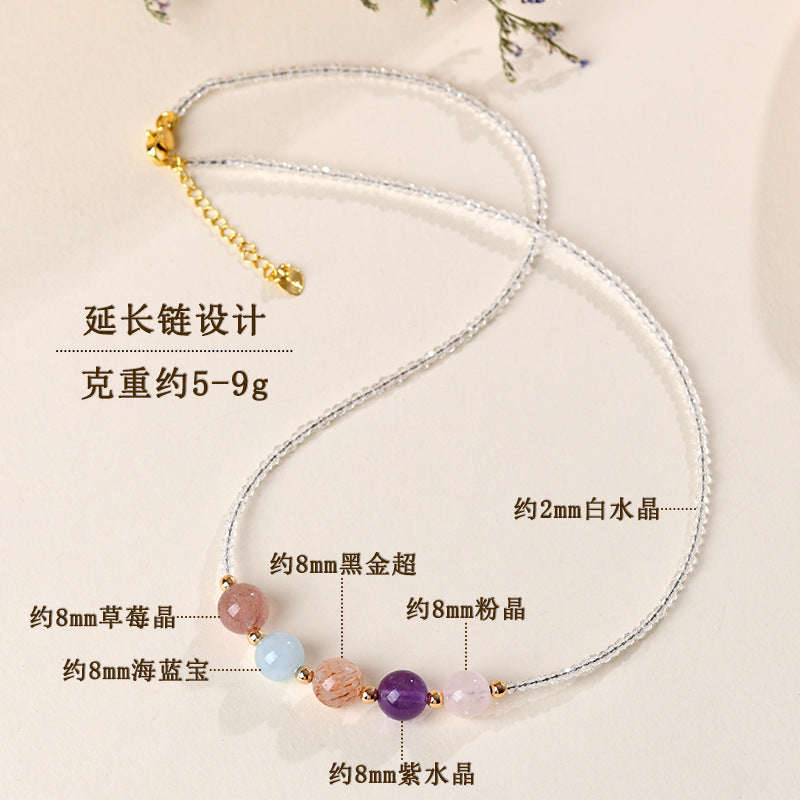 Natural Crystal Multi-Gem Collarbone Necklace with Strawberry Quartz and Aquamarine | Spiritual Energy Jewelry