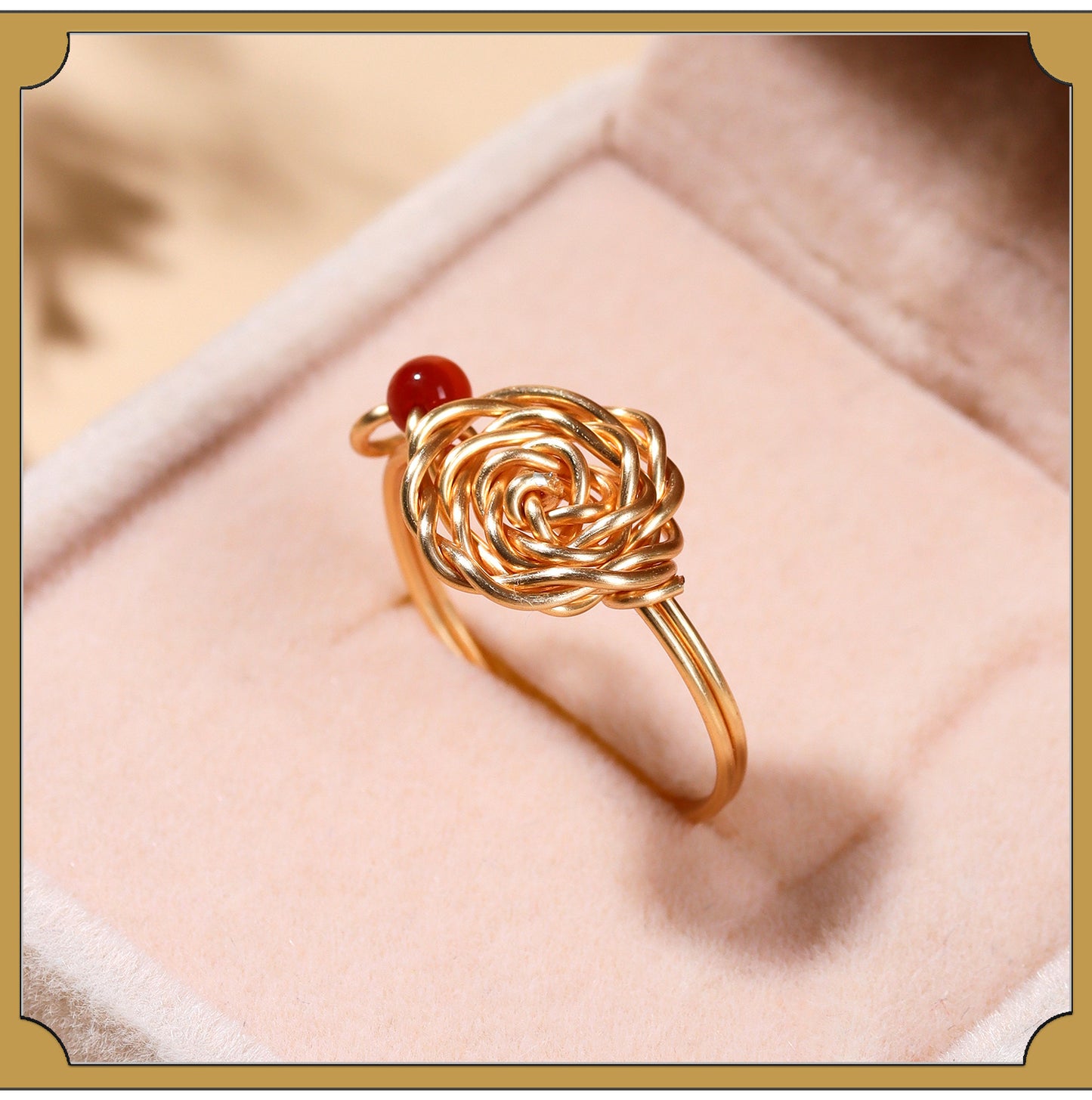 Handmade Crystal Agate Ring with Yellow Rutilated Quartz and Moonstone - Open Wire Wrapped Design for Wealth and Protection