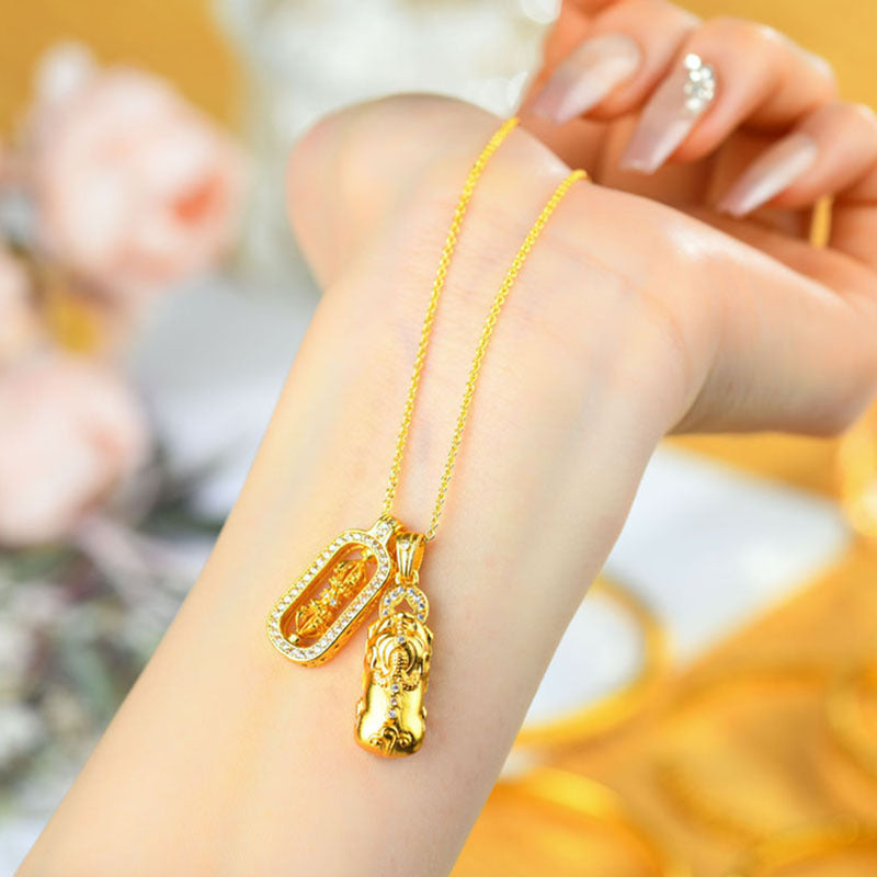 Gold Sand Gold Inlaid Diamond Pixiu Vajra Pendant Necklace | Ancient Craftsmanship Retro Collar Chain