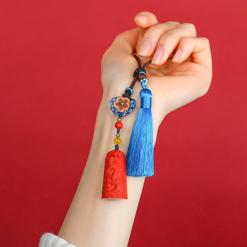 Natural Imperial Red Cinnabar Wenchang Pagoda Car Pendant - Wisdom and Luck Talisman