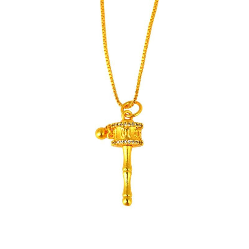 Golden Tibetan Prayer Wheel Rotatable Pendant Necklace for Spiritual Blessings
