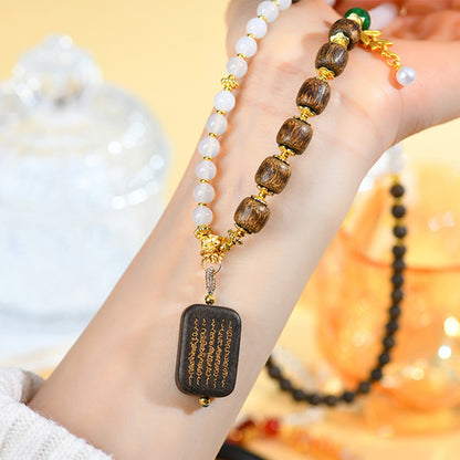 Sacred Agarwood White Agate Necklace with Five Sutra Pendant - Spiritual Protection Beads