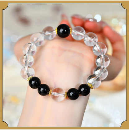 Natural Crystal Energy Bracelet with White Crystal, Obsidian, Strawberry Quartz, and Aquamarine | Spiritual Harmony & Protection