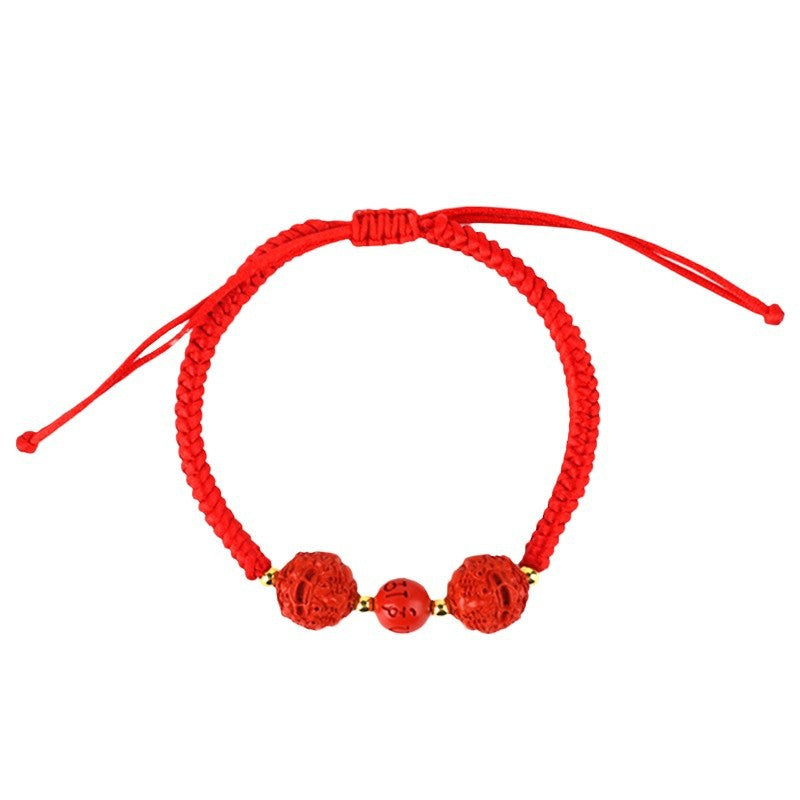 Natural High Content Cinnabar Pixiu Wealth Bracelet with Braided Red String - Zodiac Year Talisman