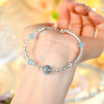 Natural Aquamarine White Crystal Fragment Silver Bracelet | Protection Elegance Women's Spiritual Jewelry