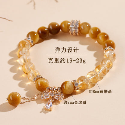 Natural Yellow Tower Crystal and Gold Tiger Eye Bow Tassel Bracelet - Wealth Attraction and Spiritual Protection