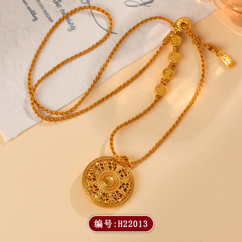 Golden Eight Treasures Compass Pendant with Fu and Swastika Charm Necklace