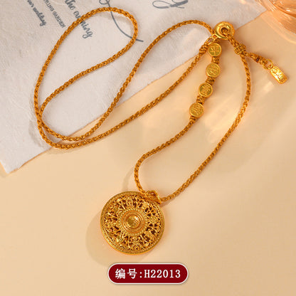 Golden Eight Treasures Compass Pendant with Fu and Swastika Charm Necklace