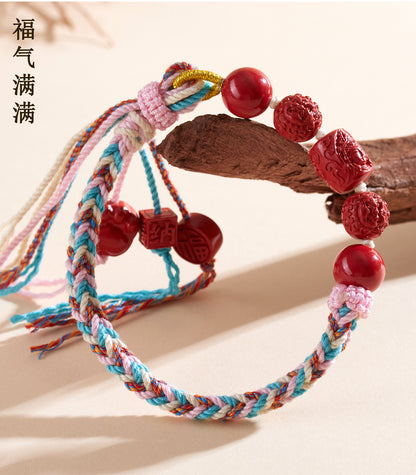 Imperial Red Cinnabar Guanyin Barrel Bead Tibetan Style Bracelet with Pixiu Beads