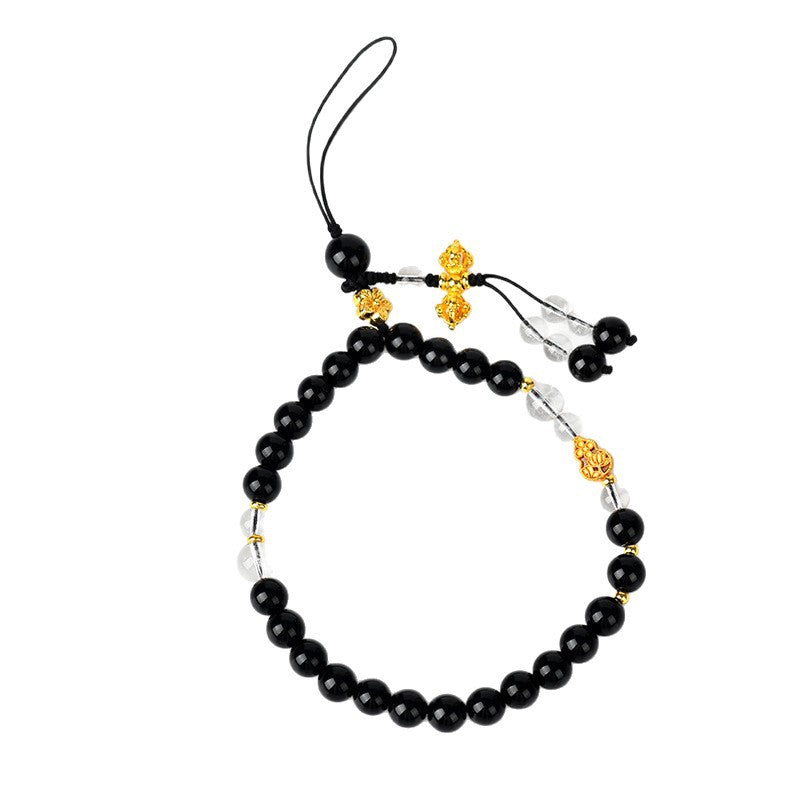 Natural Obsidian White Crystal Phone Charm Pendant | Chinese Retro Style Temple Blessing Ornament