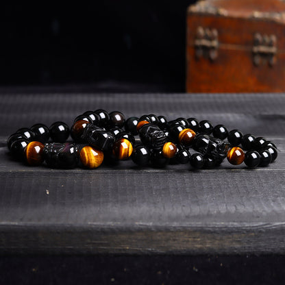 Natural Crystal Obsidian Pixiu Tiger Eye Bracelet - Ethnic Unisex Couple Spiritual Jewelry