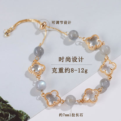 Natural Labradorite Four-Leaf Clover Bracelet | Lucky Charm & Spiritual Protection for Women