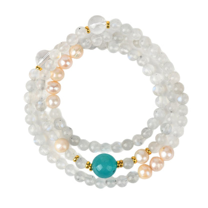 Natural Moonstone & Tianhe Stone Three-Layer Bracelet with Pearl Accents – S925 Silver Harmony Jewelry for Women