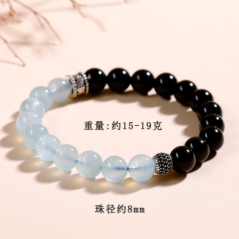 Natural Obsidian Aquamarine Crystal Bracelet - Couple Spiritual Harmony & Protection